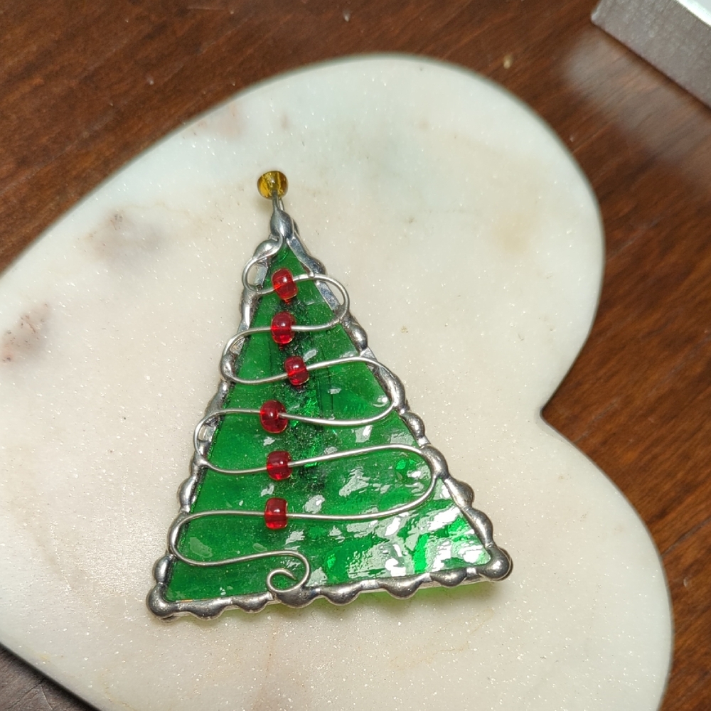 Vintage Brooch Christmas Tree Pin Hand Crafted Stained Glass Red Deco Modern